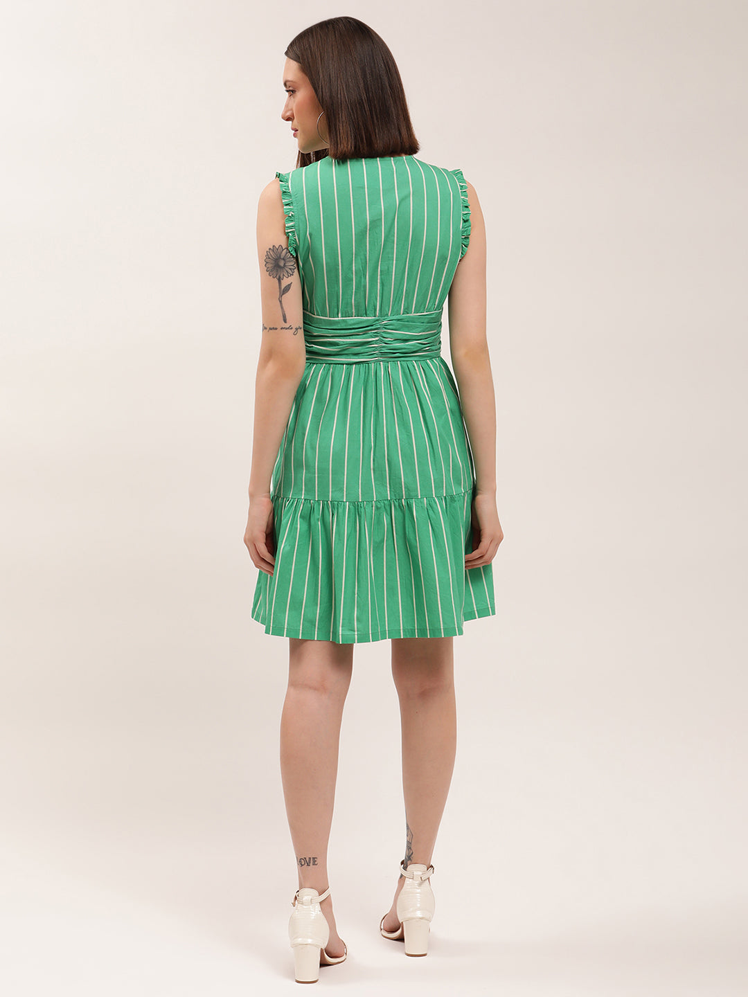 Elle Women Green Striped V Neck Dress