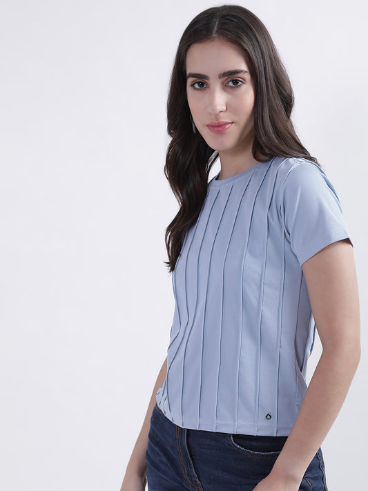 Iconic Women Blue Solid Round Neck Top