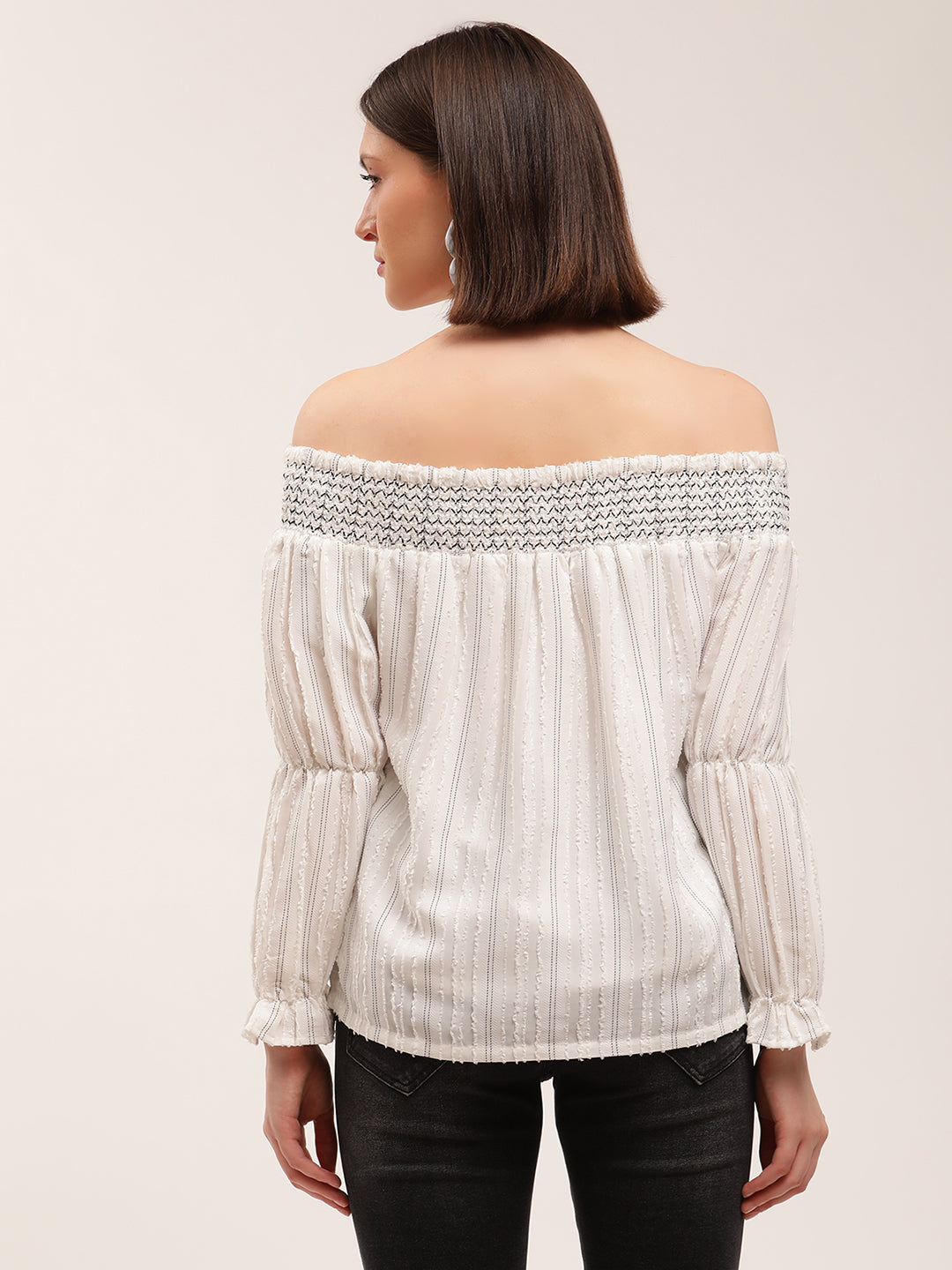 Elle Women White Striped Off Shoulder Top