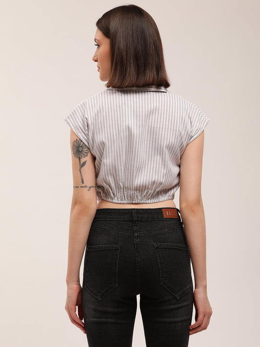 Elle Women Black Striped V Neck Top