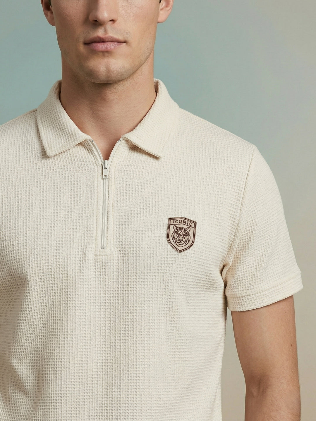 Iconic Men Cream Solid Regular Fit Polo T-Shirt