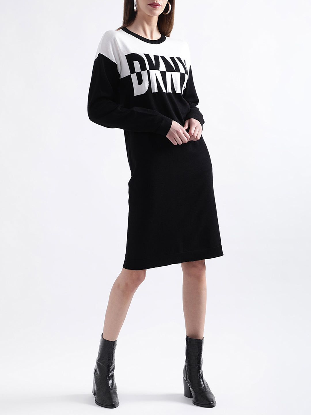 DKNY Women Black Solid Round Neck Dress