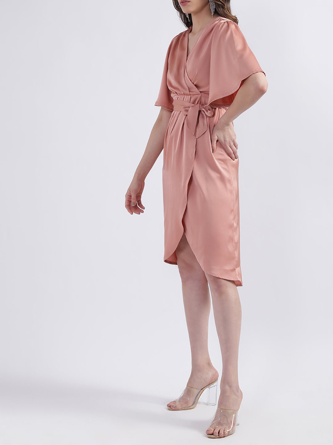 Centre Stage Women Peach Solid V Neck Dress