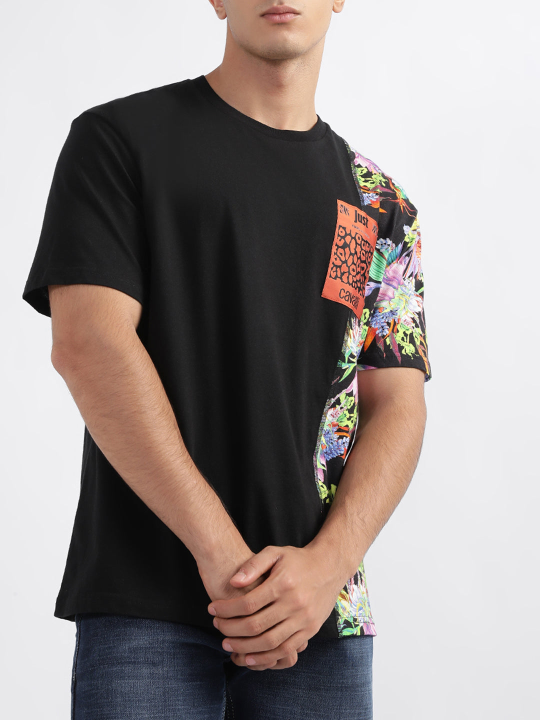 Just Cavalli Black Fashion Floral Print Slim Fit T-Shirt