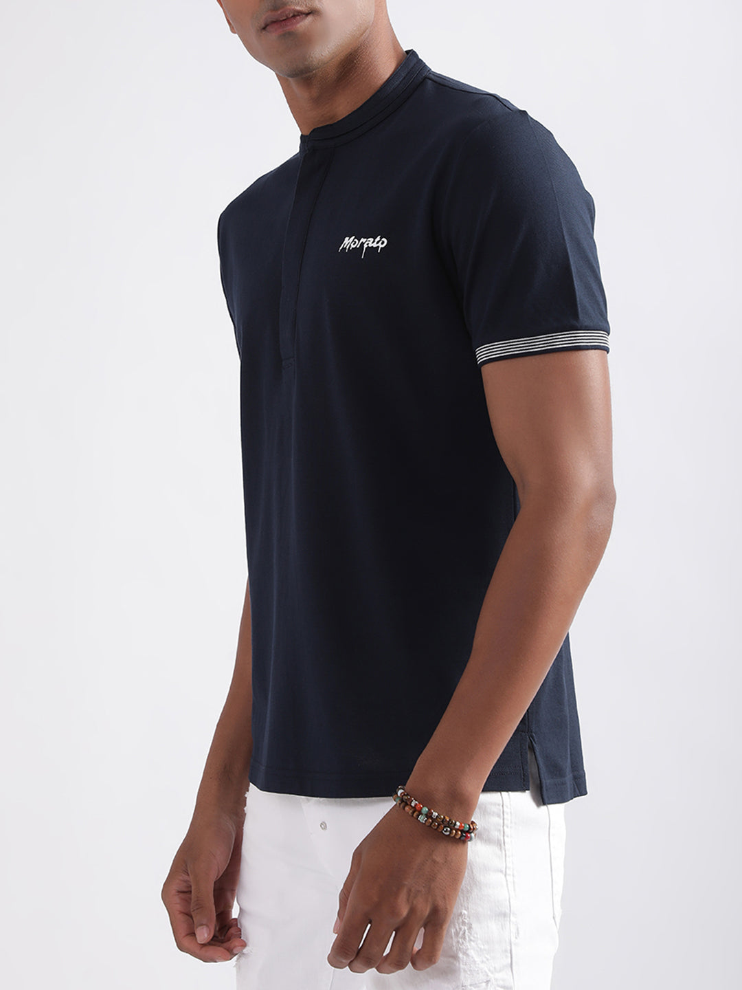 Antony Morato Men Blue Mandarin Collar Applique T-shirt