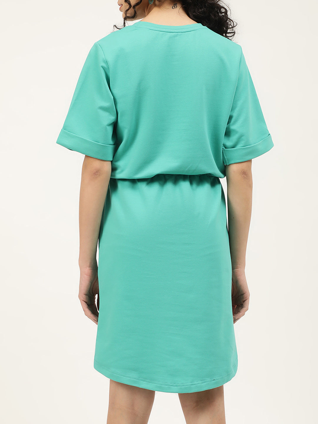 Elle Women Teal Solid Round Neck Dress