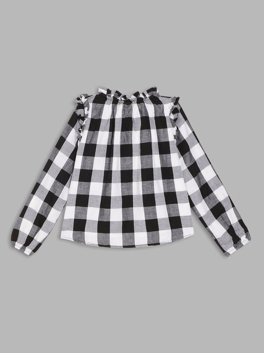 Elle Kids Girls Black Checked Round Neck Top