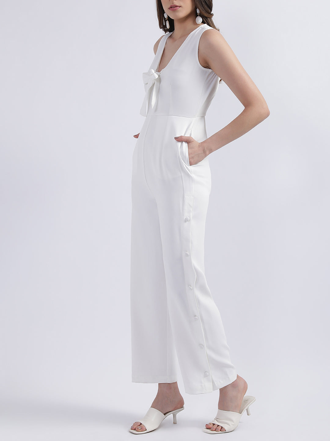 Centre Stage Women White Solid V Neck Jumpsuit