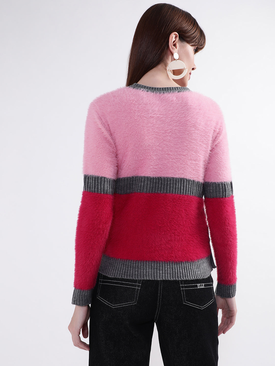 Elle Women Pink Solid Round Neck Sweater