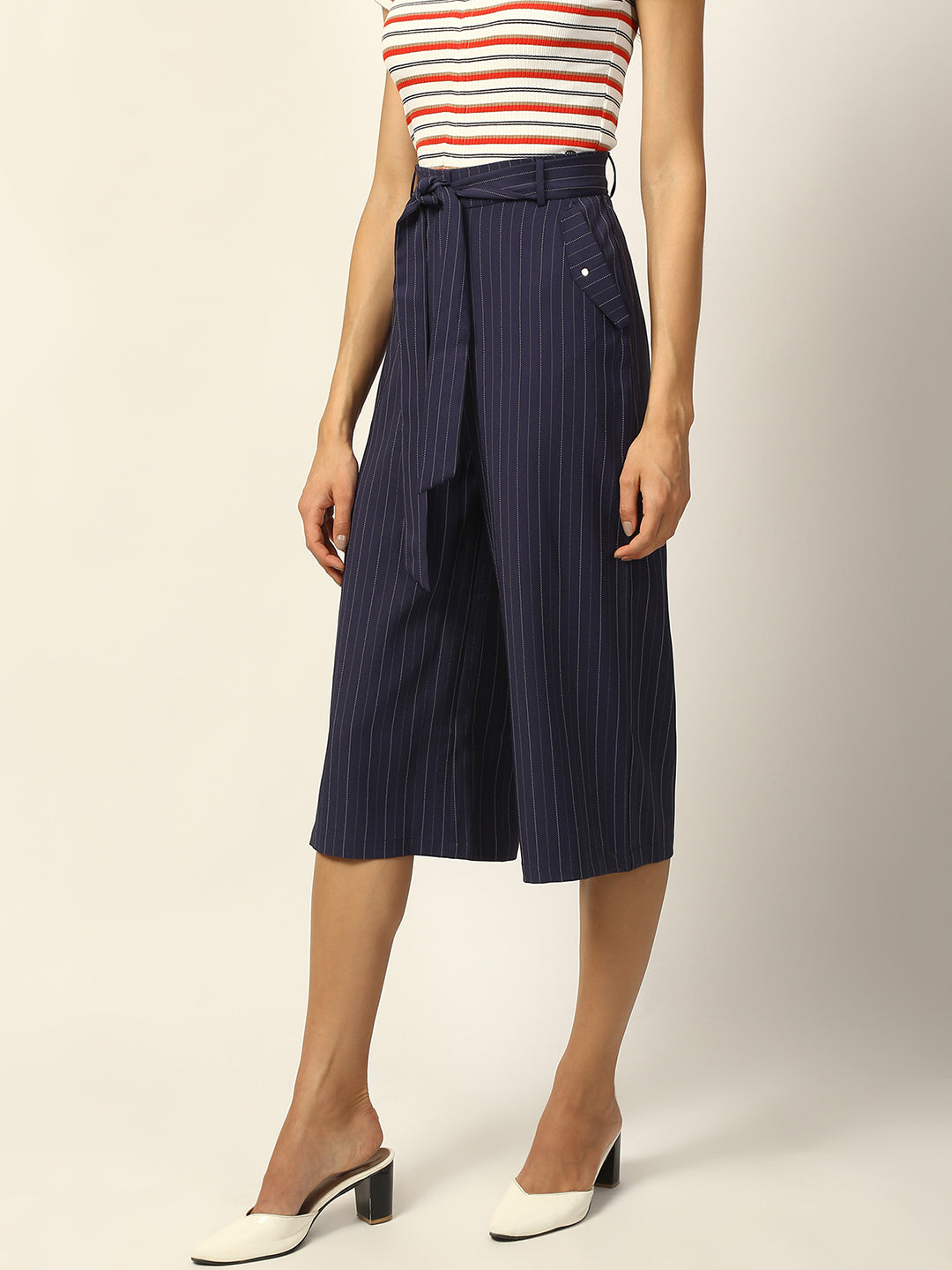 Elle Women Navy Blue Printed Flared Fit Trouser