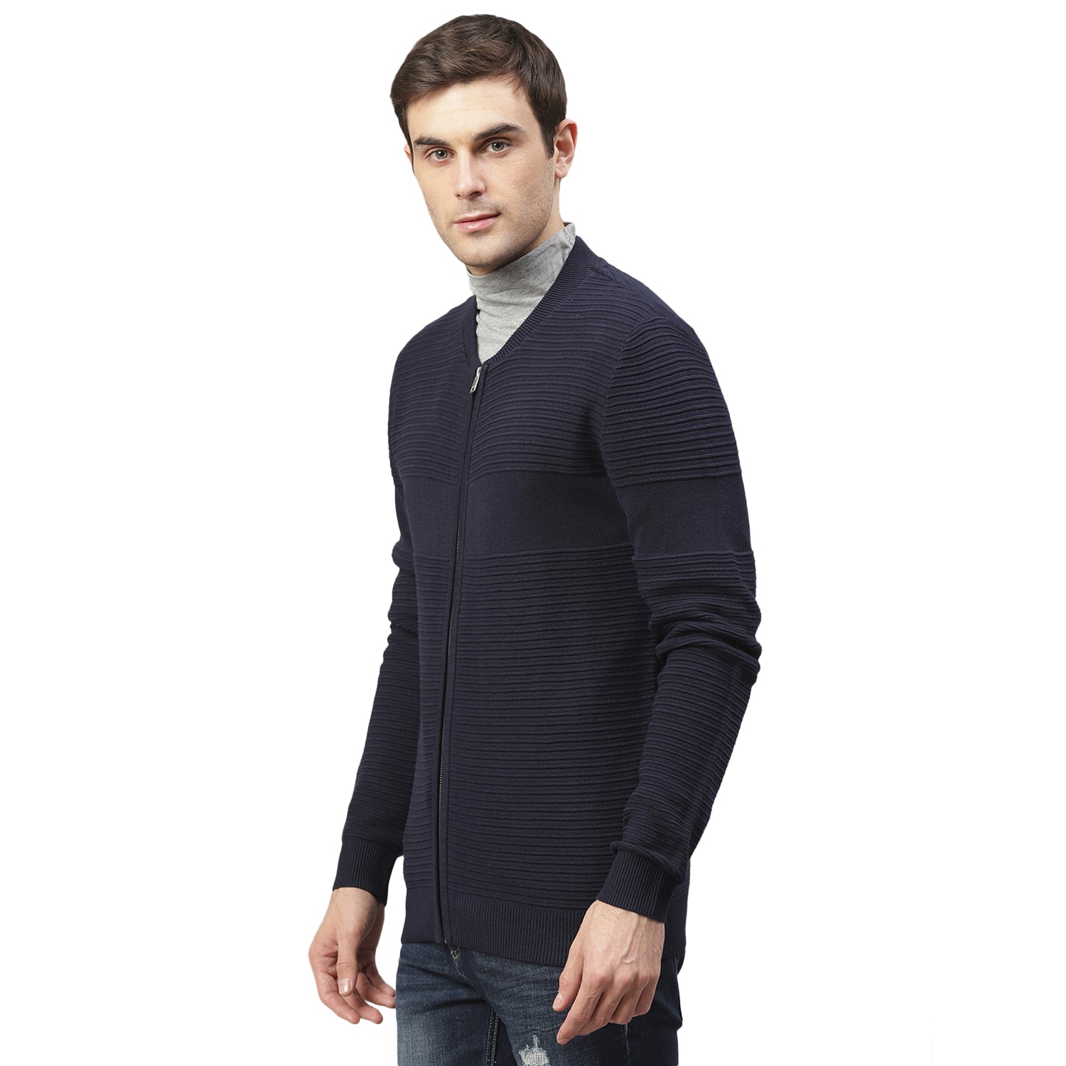 Lindbergh Men Blue Solid Mandarin Collar Sweater