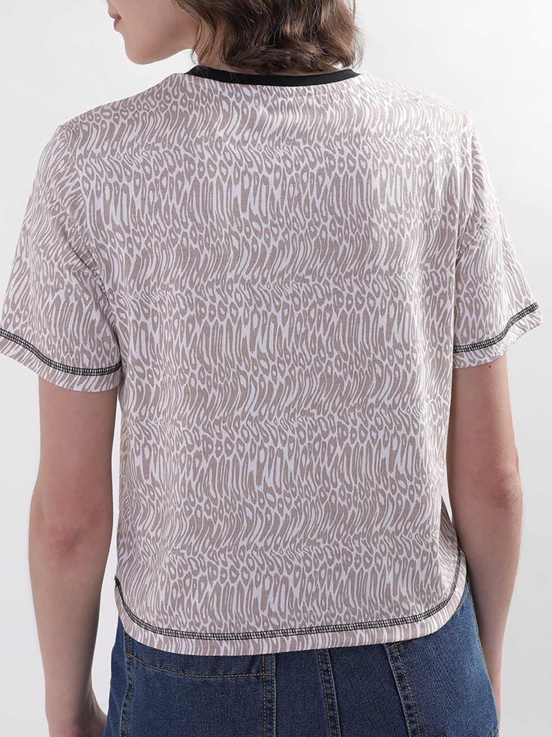 Elle Women Beige Solid Round Neck TShirt