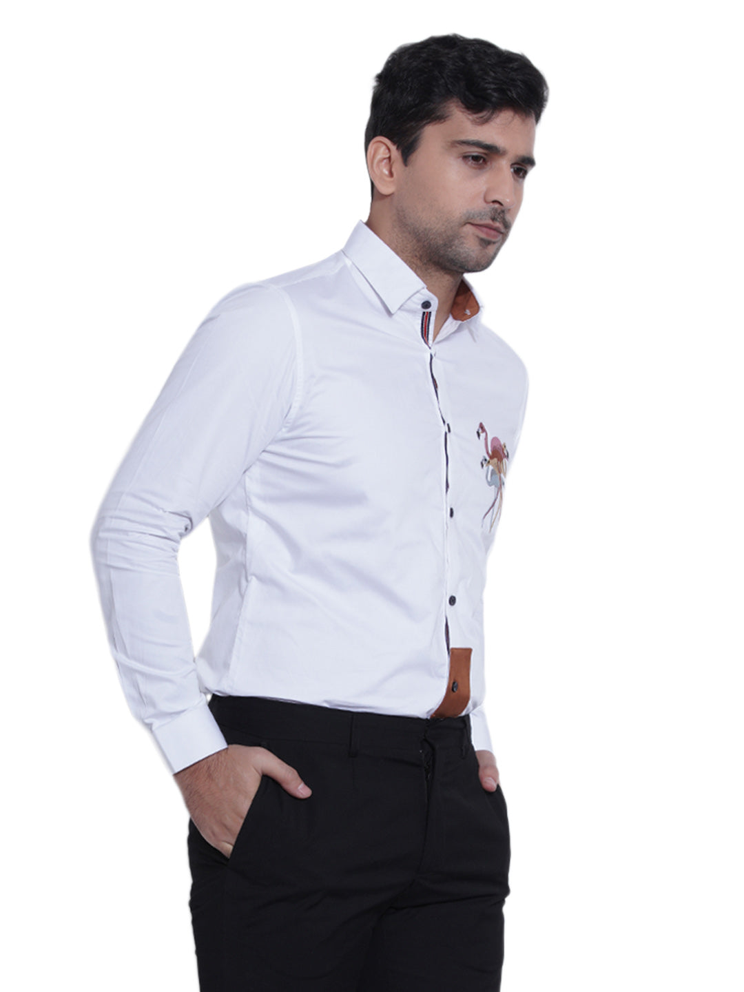 Abkasa Men White Embroidered Collar Shirt