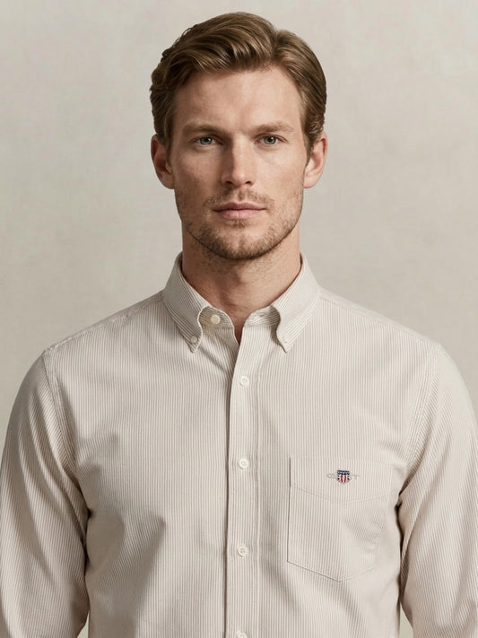 Gant Men Beige Striped Regular Fit Classic Poplin Shirt