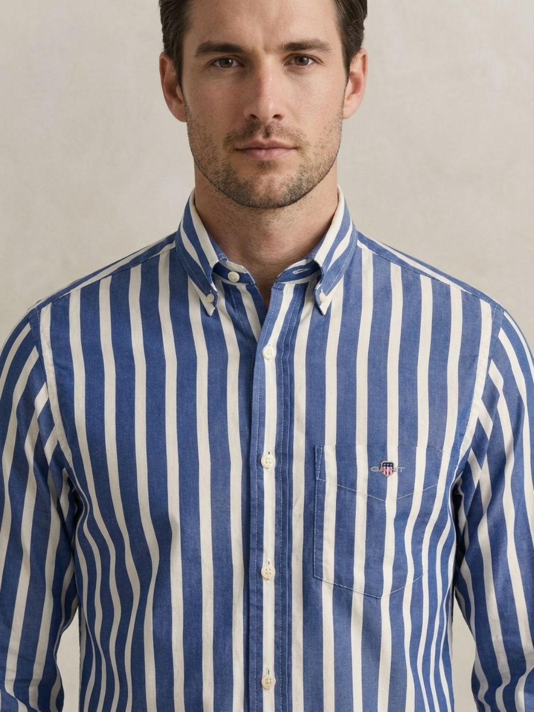 Gant Men Blue Striped Regular Fit Classic Poplin Shirt