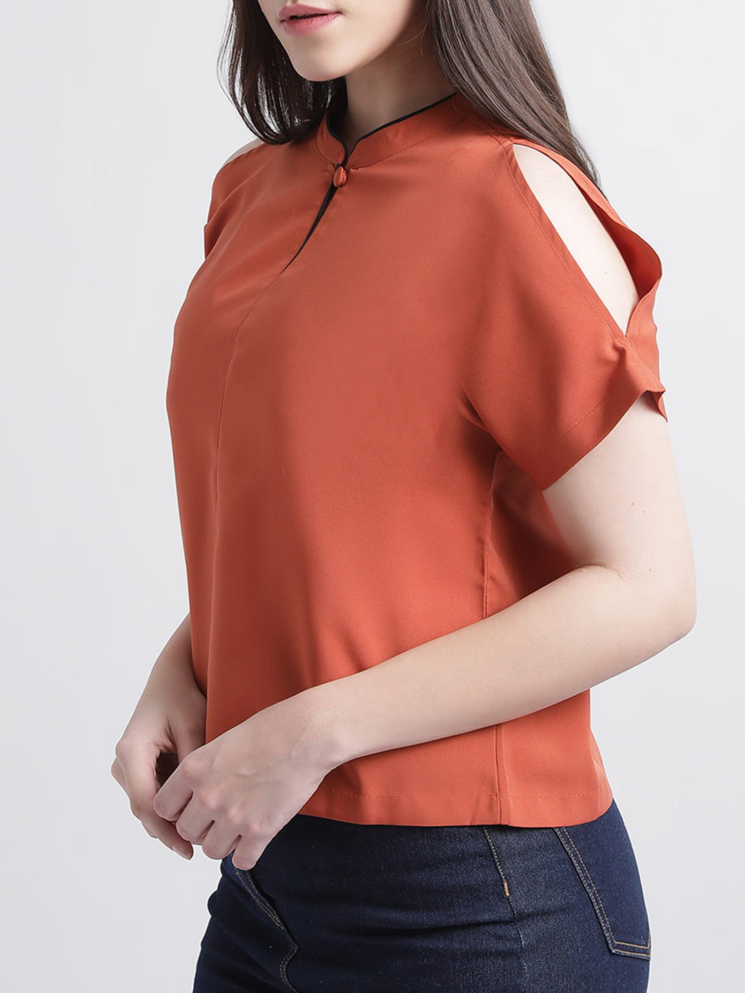 Centre Stage Women Rust Solid Band Collar Top