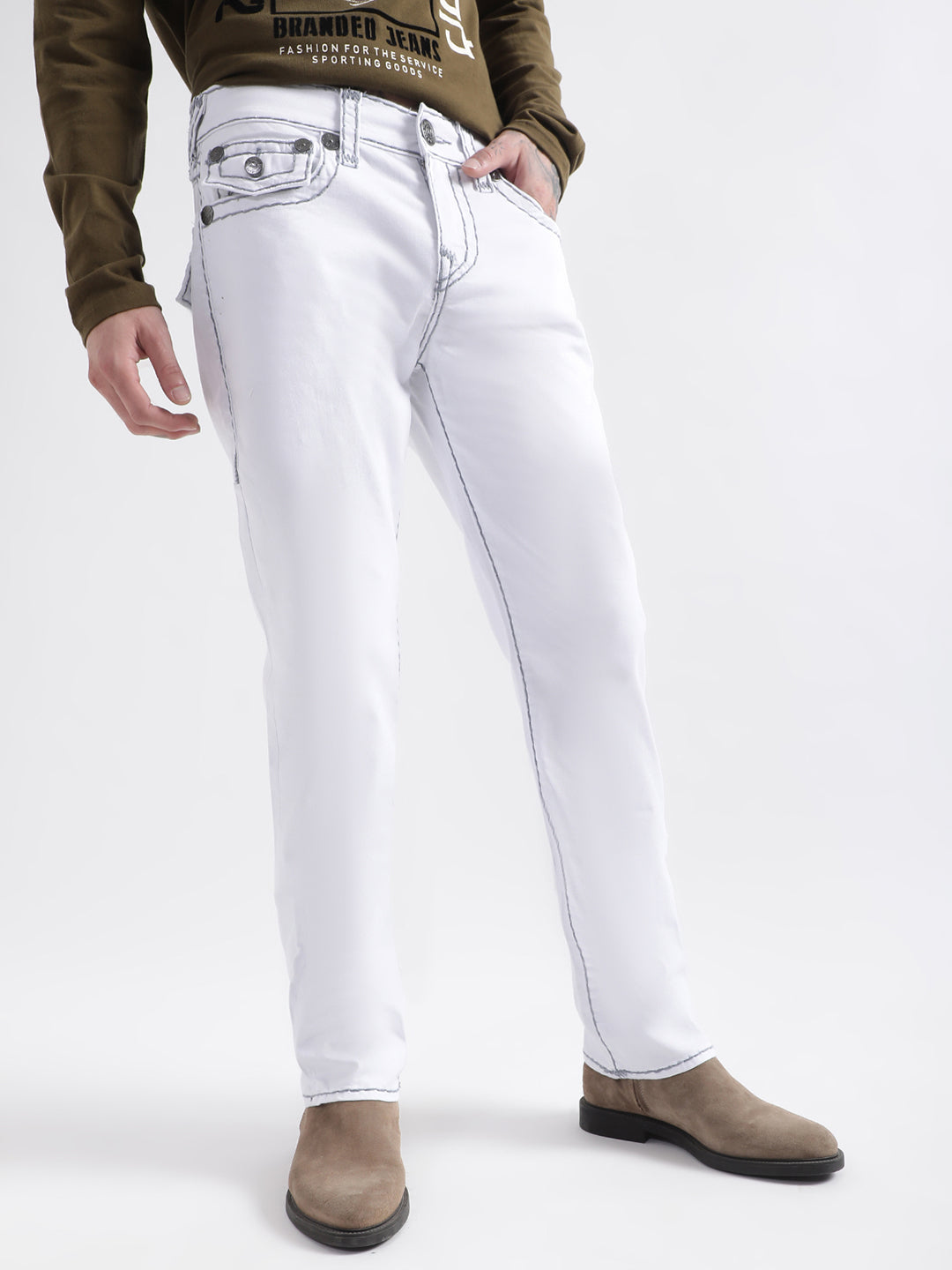 Shop True Religion Super T Straight White Mid Rise Jeans Online