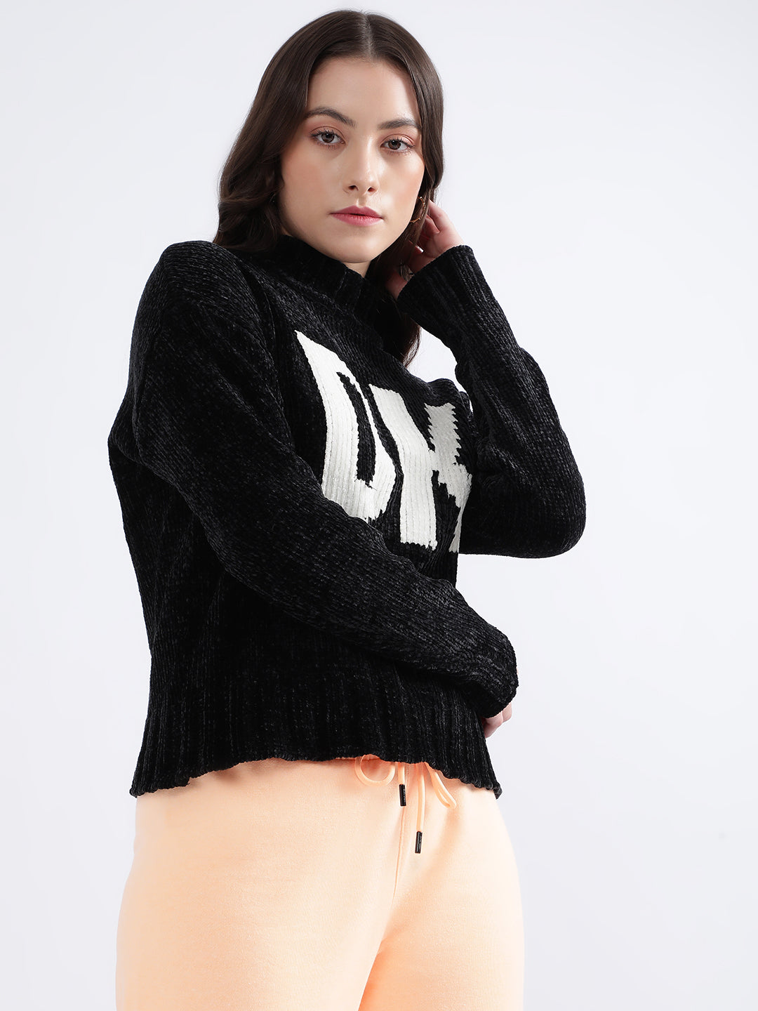 DKNY Women Black Printed Turtle Neck Sweater