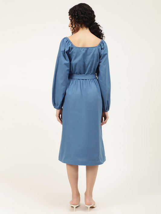 Elle Women Blue Solid Round Neck Dress