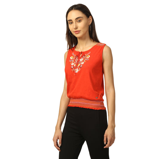 Elle Women Coral Embroidered Round Neck TShirt