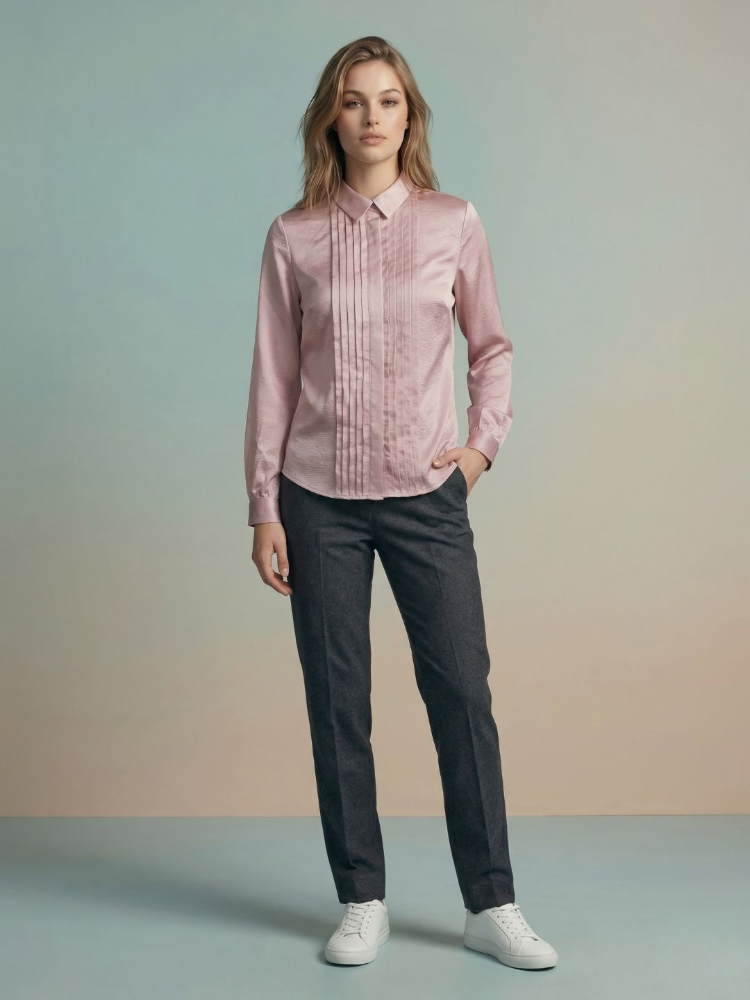 Iconic Women Pink Striped Regular Fit Pleated Shirt
