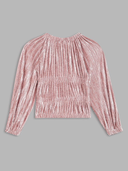 Blue Giraffe Girls Peach Solid Round Neck Sweatshirt