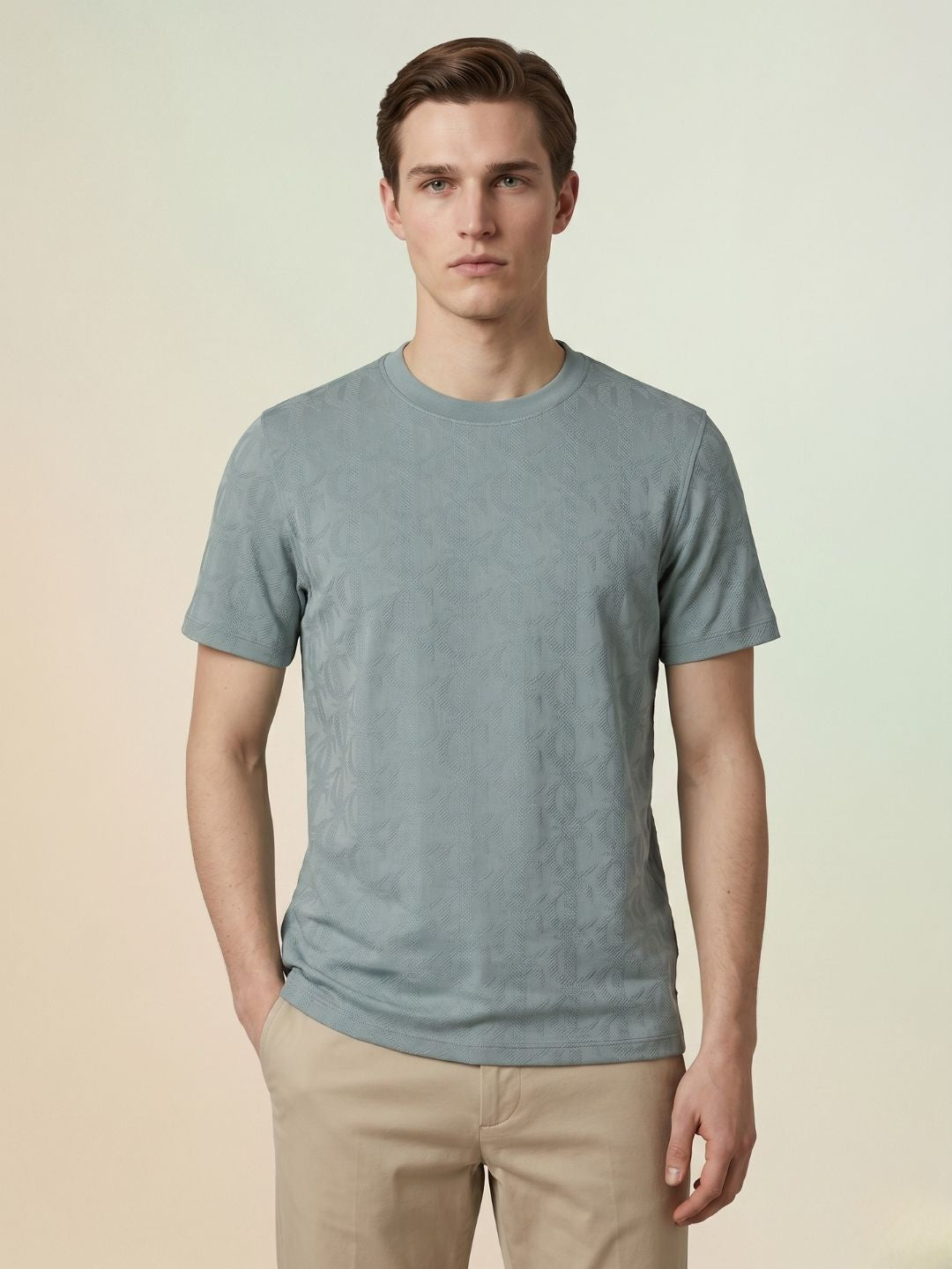 Iconic Men Green Jacquard Regular Fit Pure Cotton T-Shirt