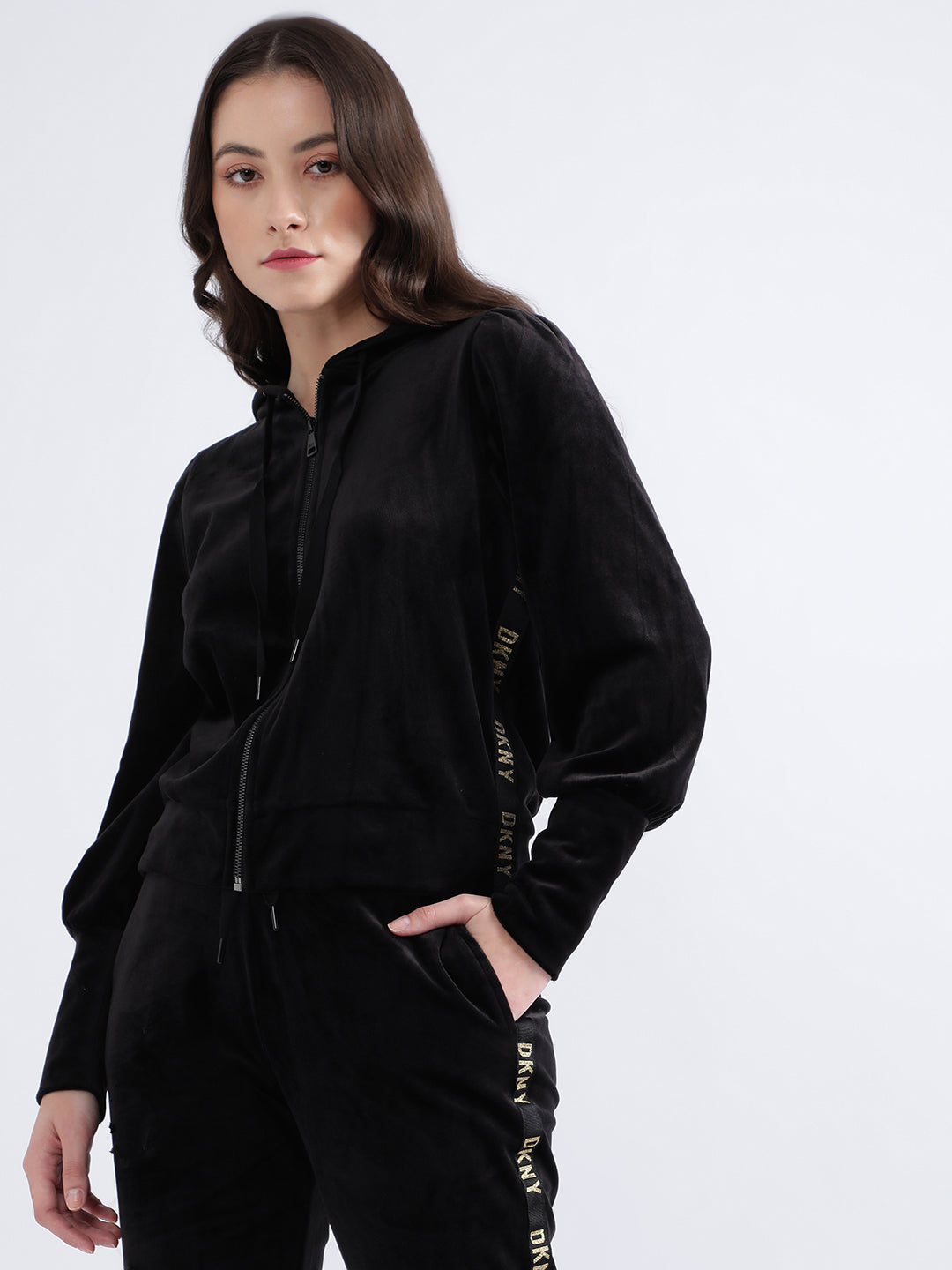 DKNY Women Black Solid Hooded Sweatshirt