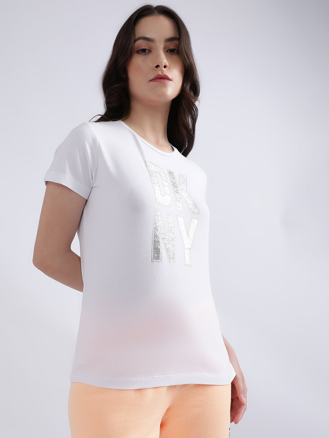 DKNY Women White Printed Round Neck TShirt