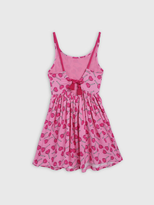 Elle Kids Girls Pink Printed Round Neck Dress