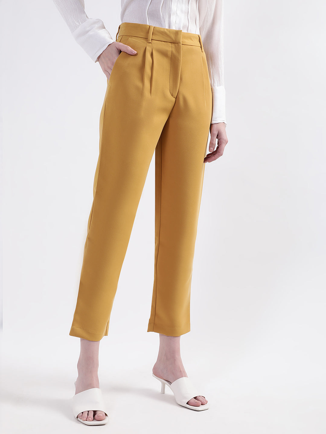 Centre Stage Women Mustard Solid Regular Fit Trouser