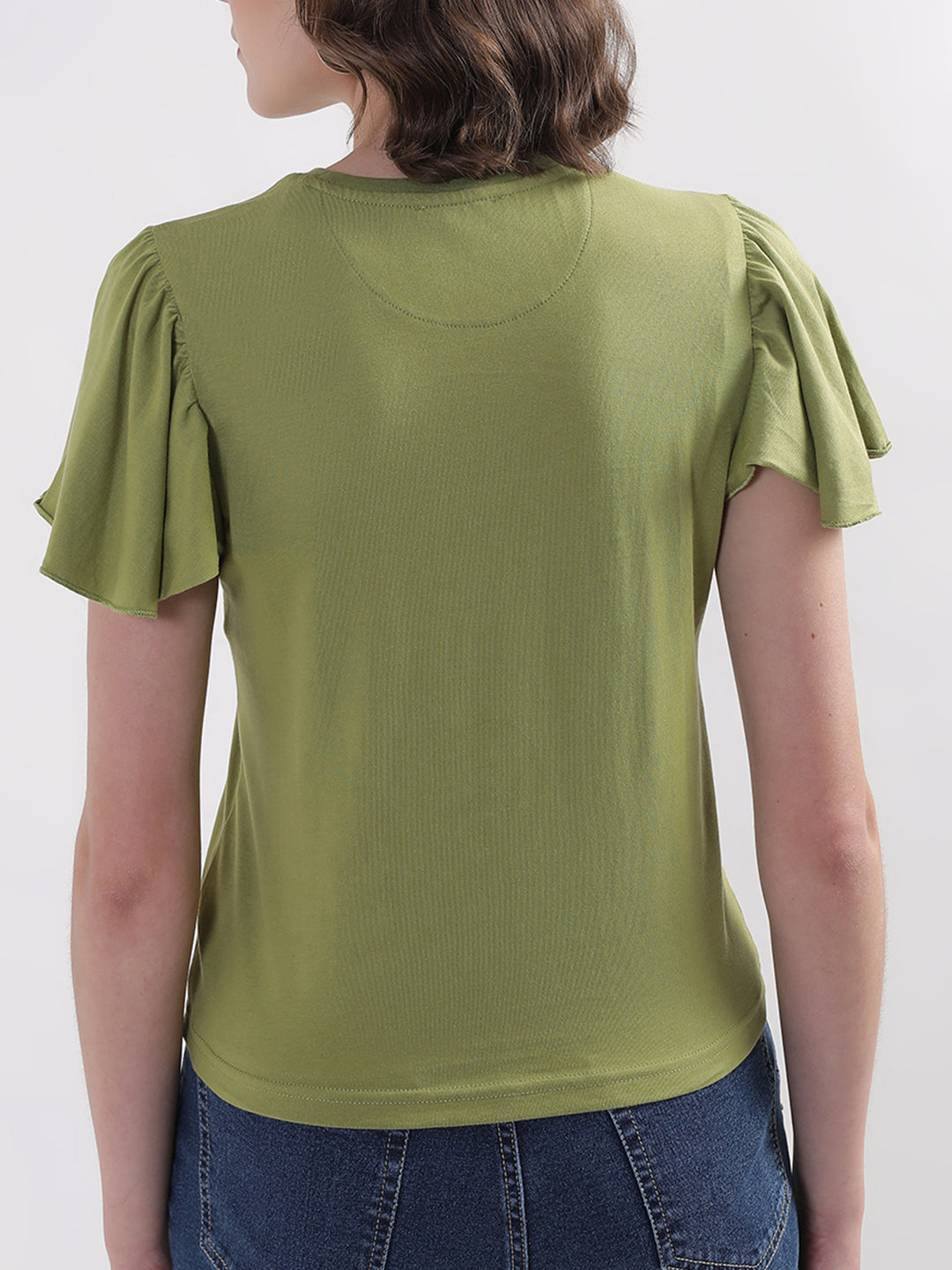 Elle Women Green Solid Round Neck TShirt