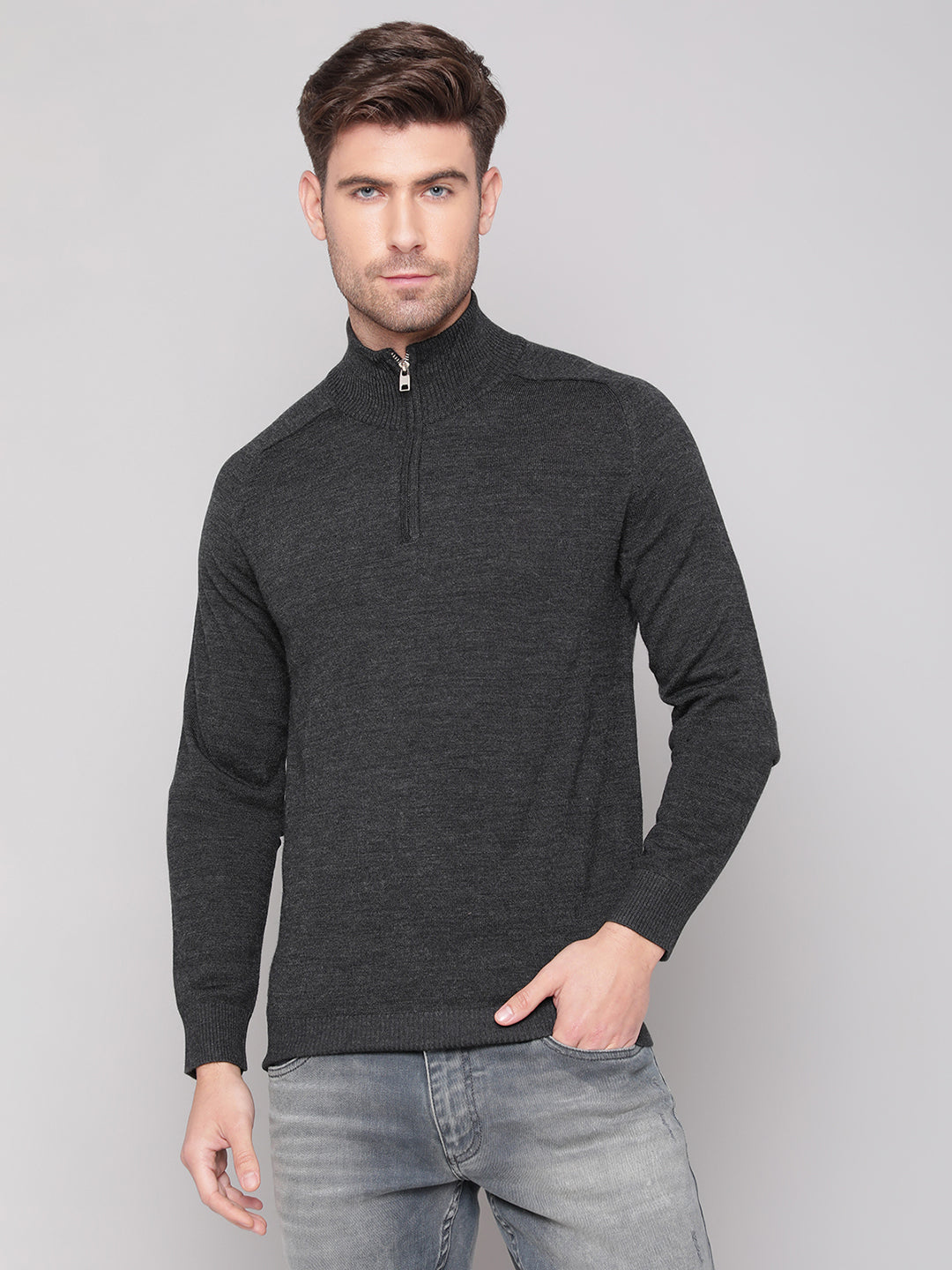Bruun & Stengade Men Grey Solid Round Neck Sweater