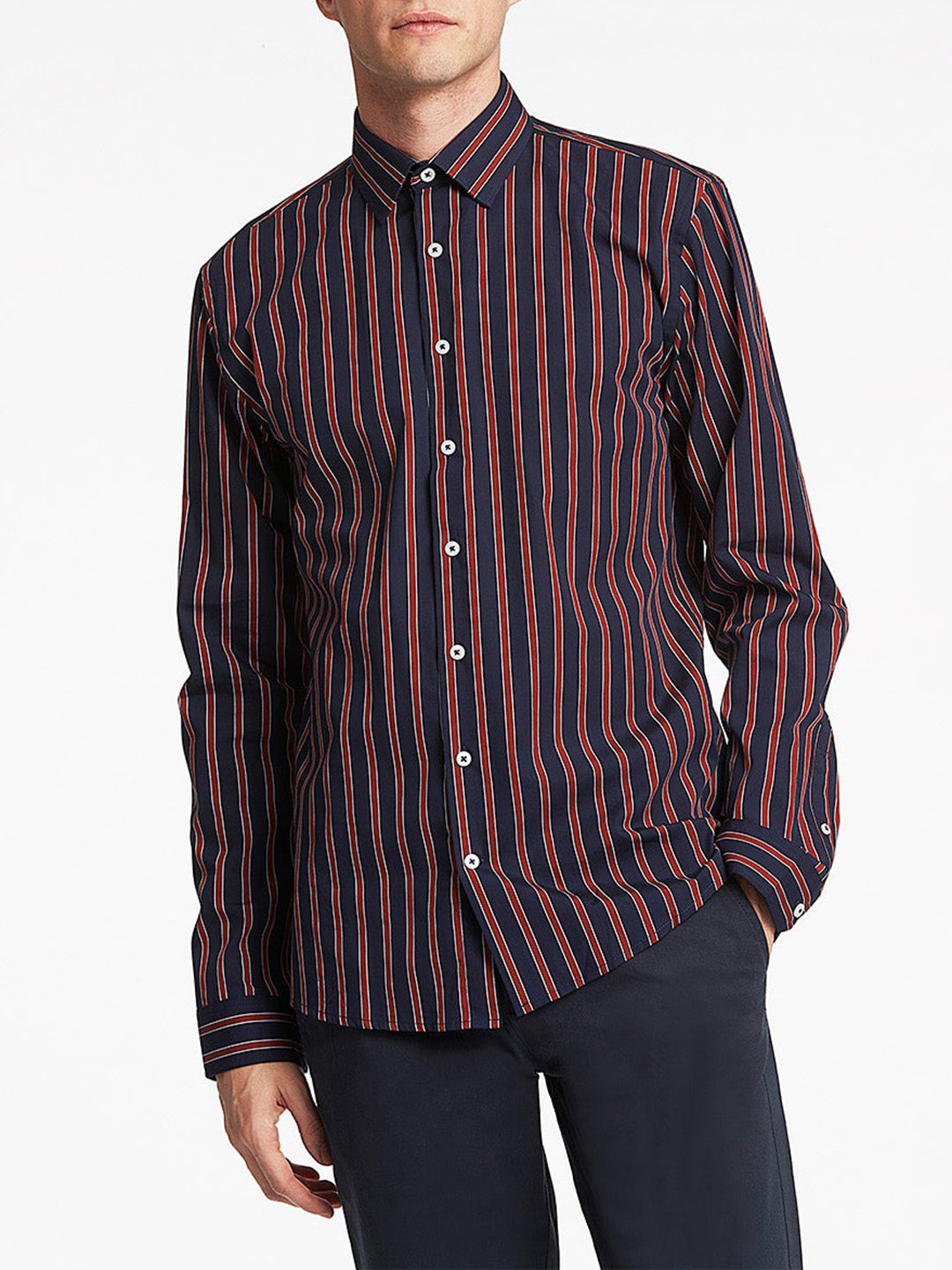Lindbergh Navy Blue Striped Slim Fit Shirt