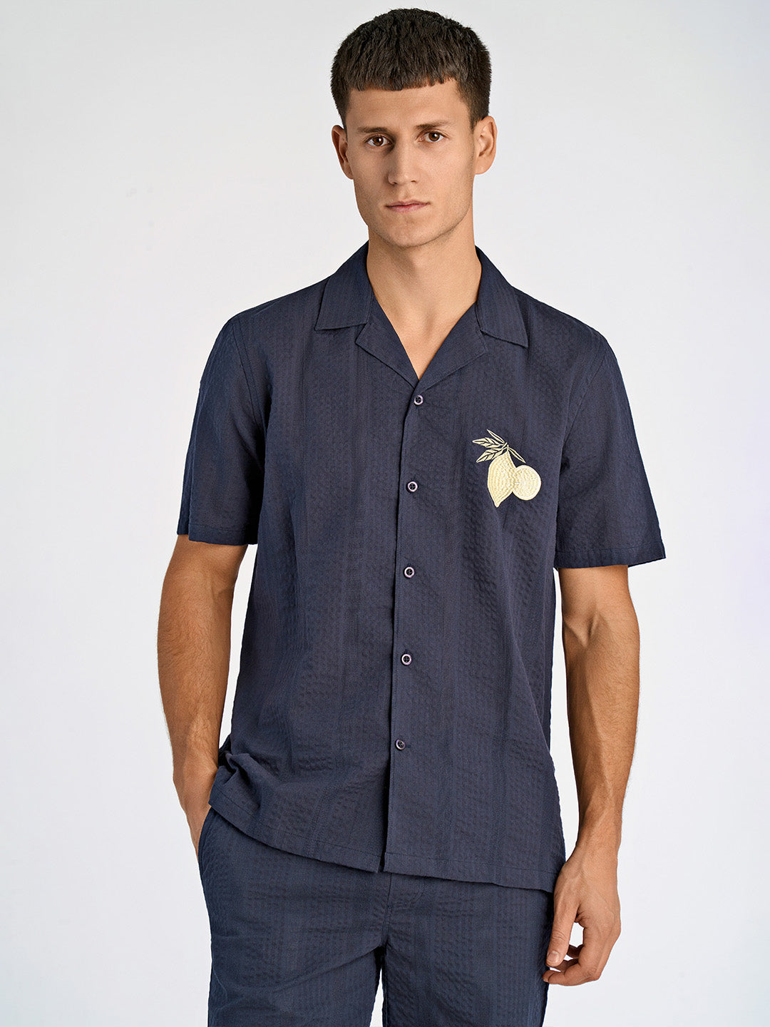 Lindbergh Men Blue Regular Fit Embroidered Shirt Collar Shirt