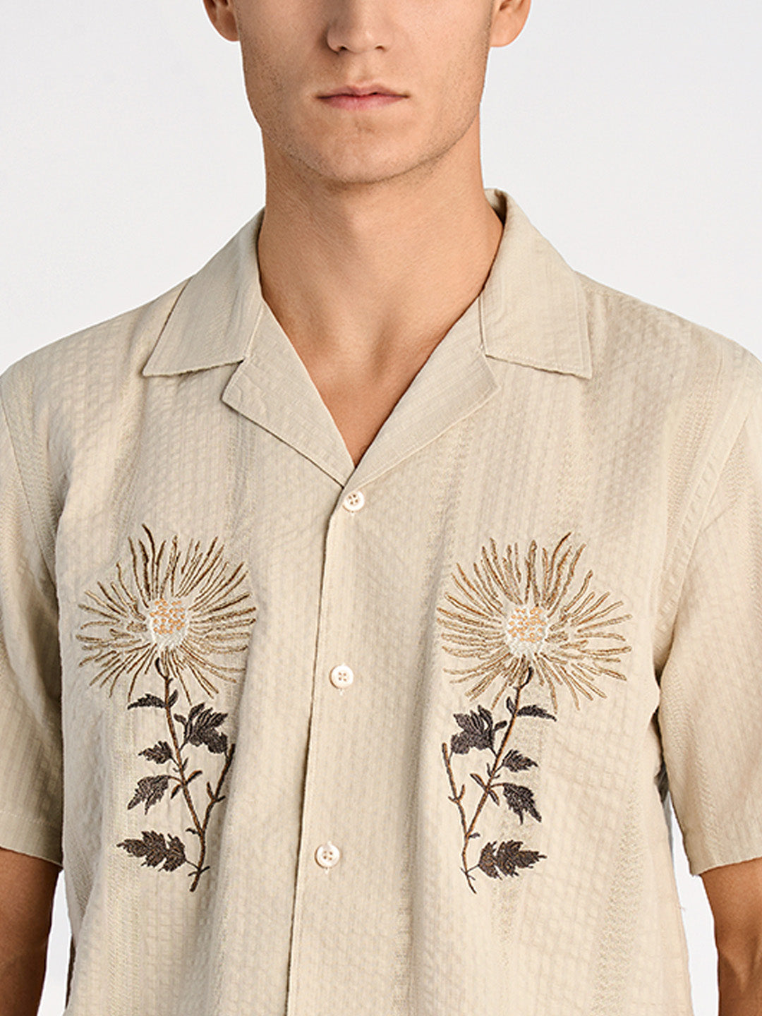 Lindbergh Men Cream Regular Fit Embroidered Shirt Collar Shirt