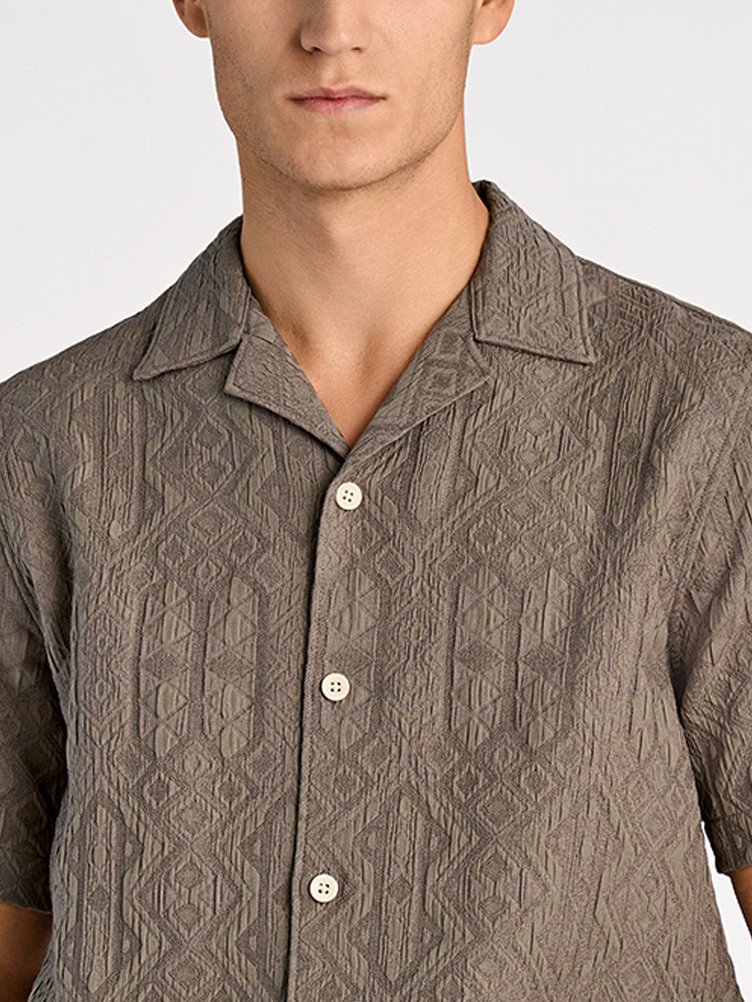 Lindbergh Men Brown Regular Fit Jacquard Shirt Collar Shirt