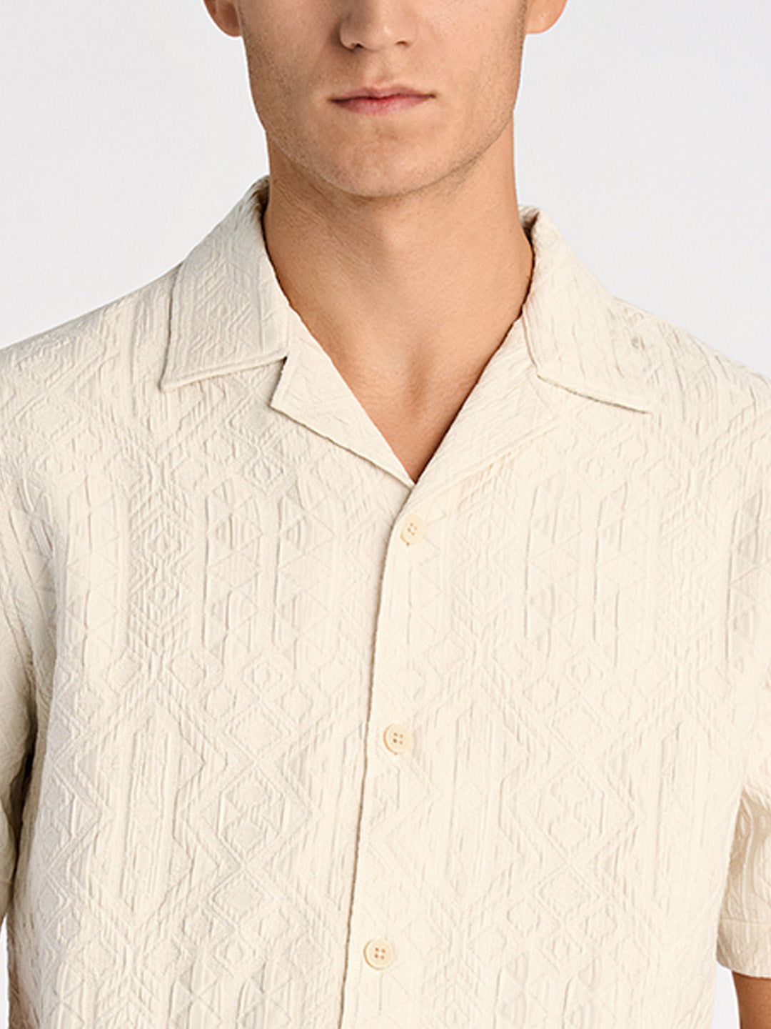 Lindbergh Men Cream Regular Fit Jacquard Shirt Collar Shirt