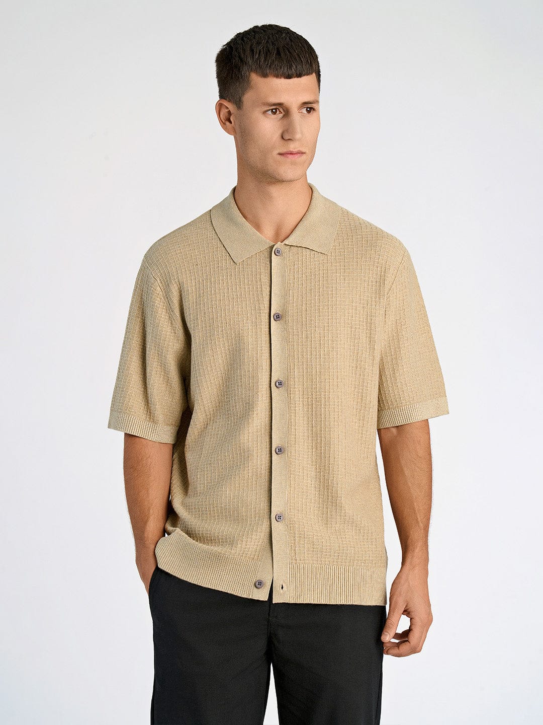 Lindbergh Men Beige Oversize Fit Solid Collar Neck Shirt