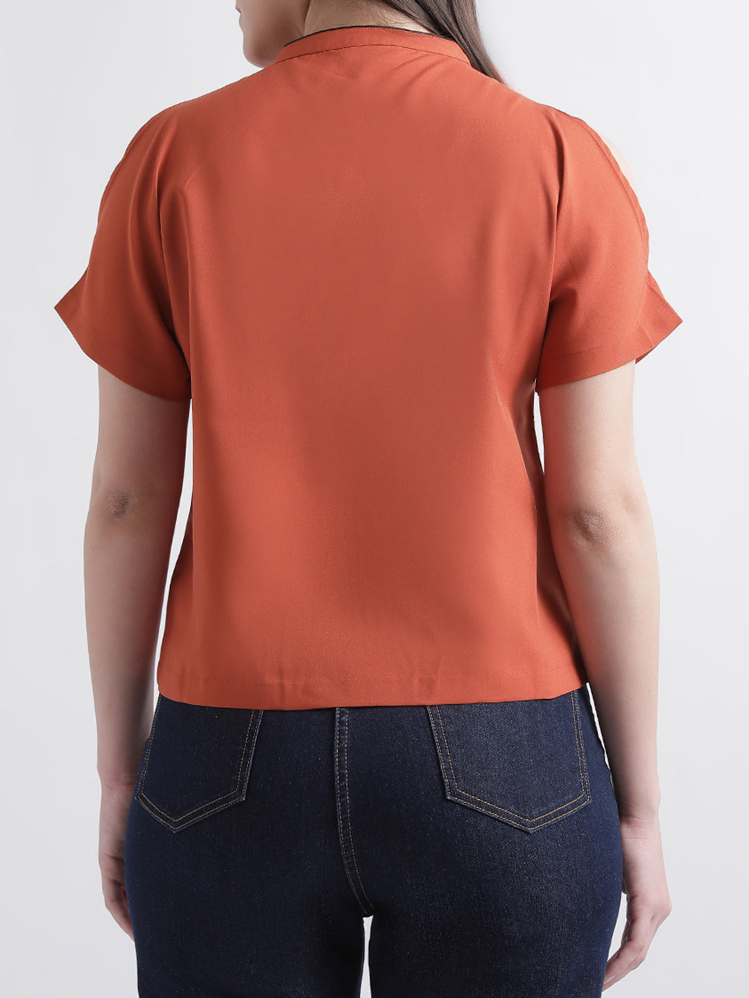 Centre Stage Women Rust Solid Band Collar Top