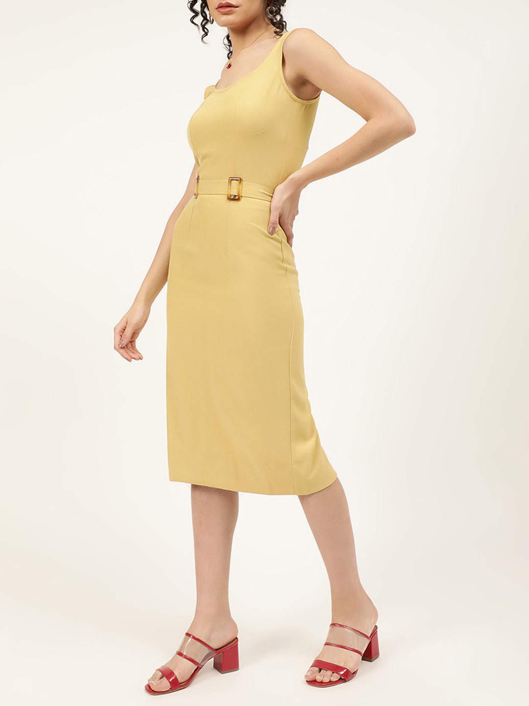 Centre Stage Women Yellow Solid Round Neck Dress