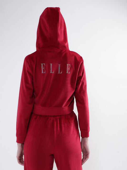 Elle Women Maroon Solid Hooded Sweatshirt