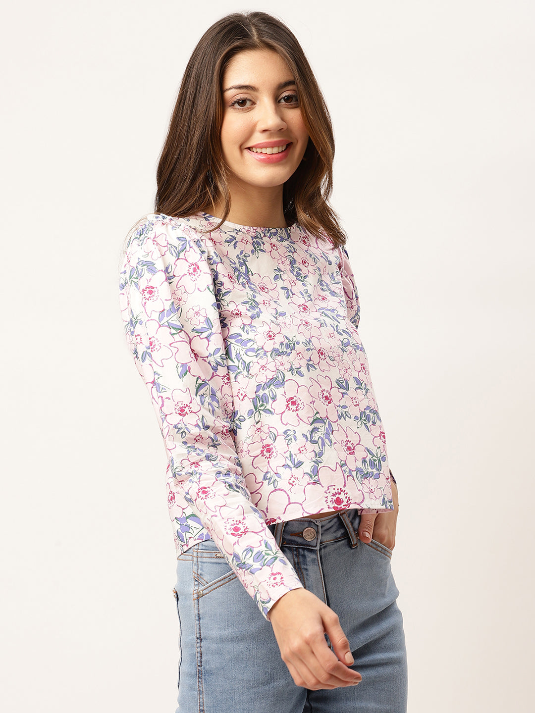 Elle Women Pink Printed Round Neck Top