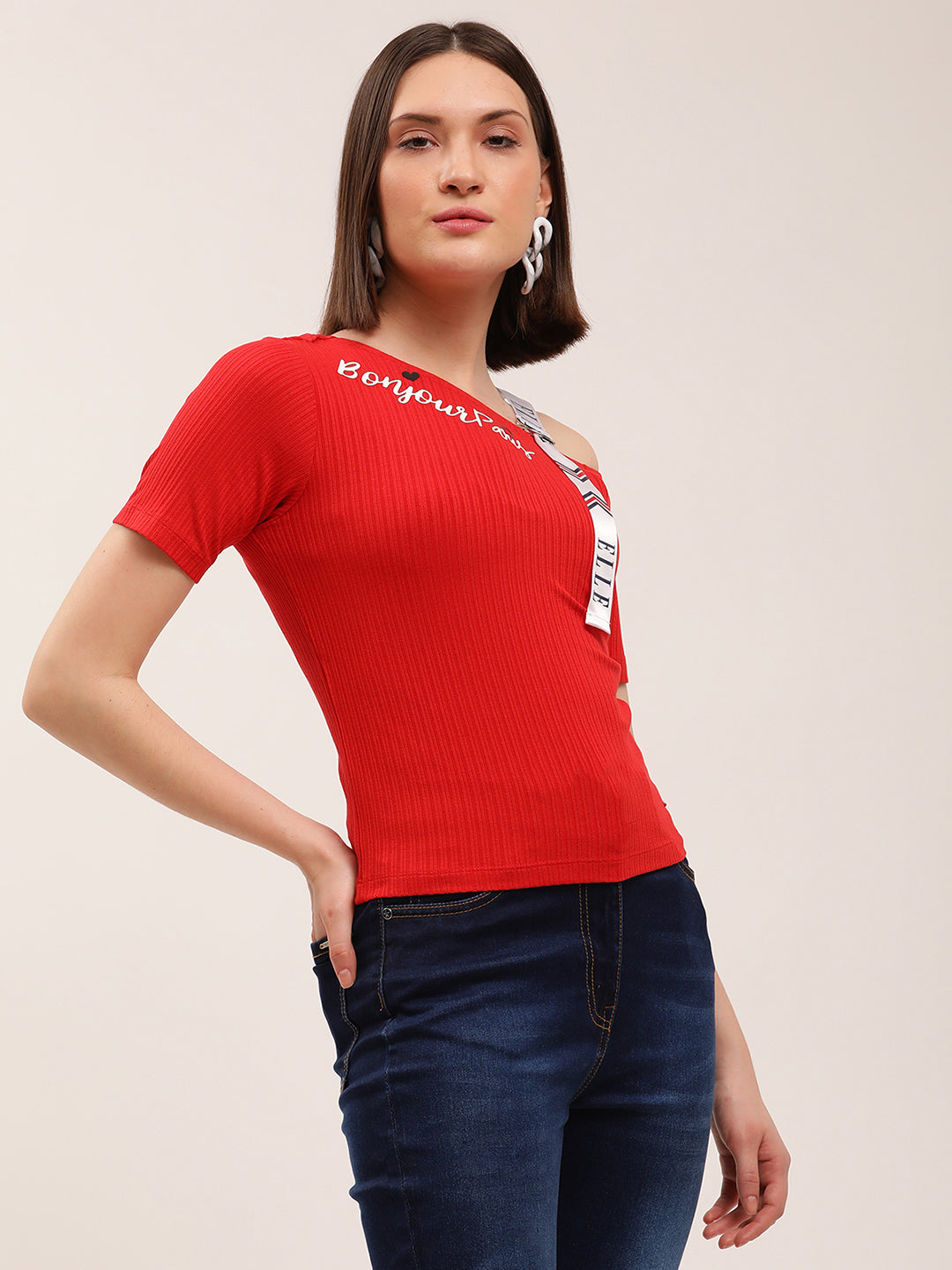 Elle Women Red Solid Assymetrical Neck TShirt
