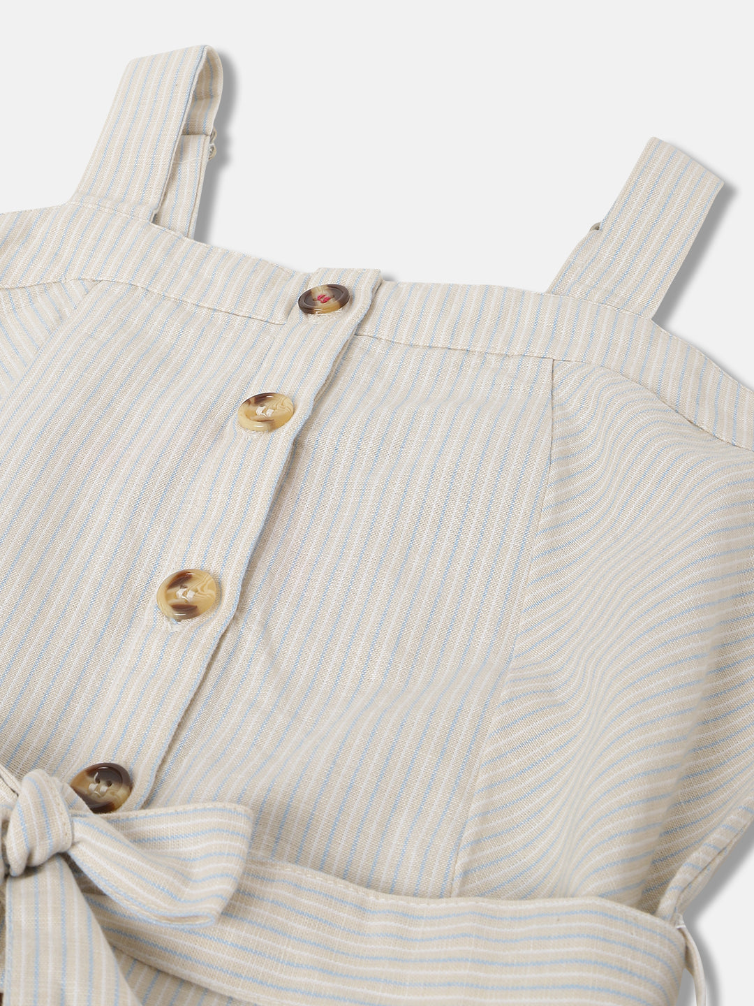 Blue Giraffe Girls Beige Striped Square Neck Sleeveless Playsuit