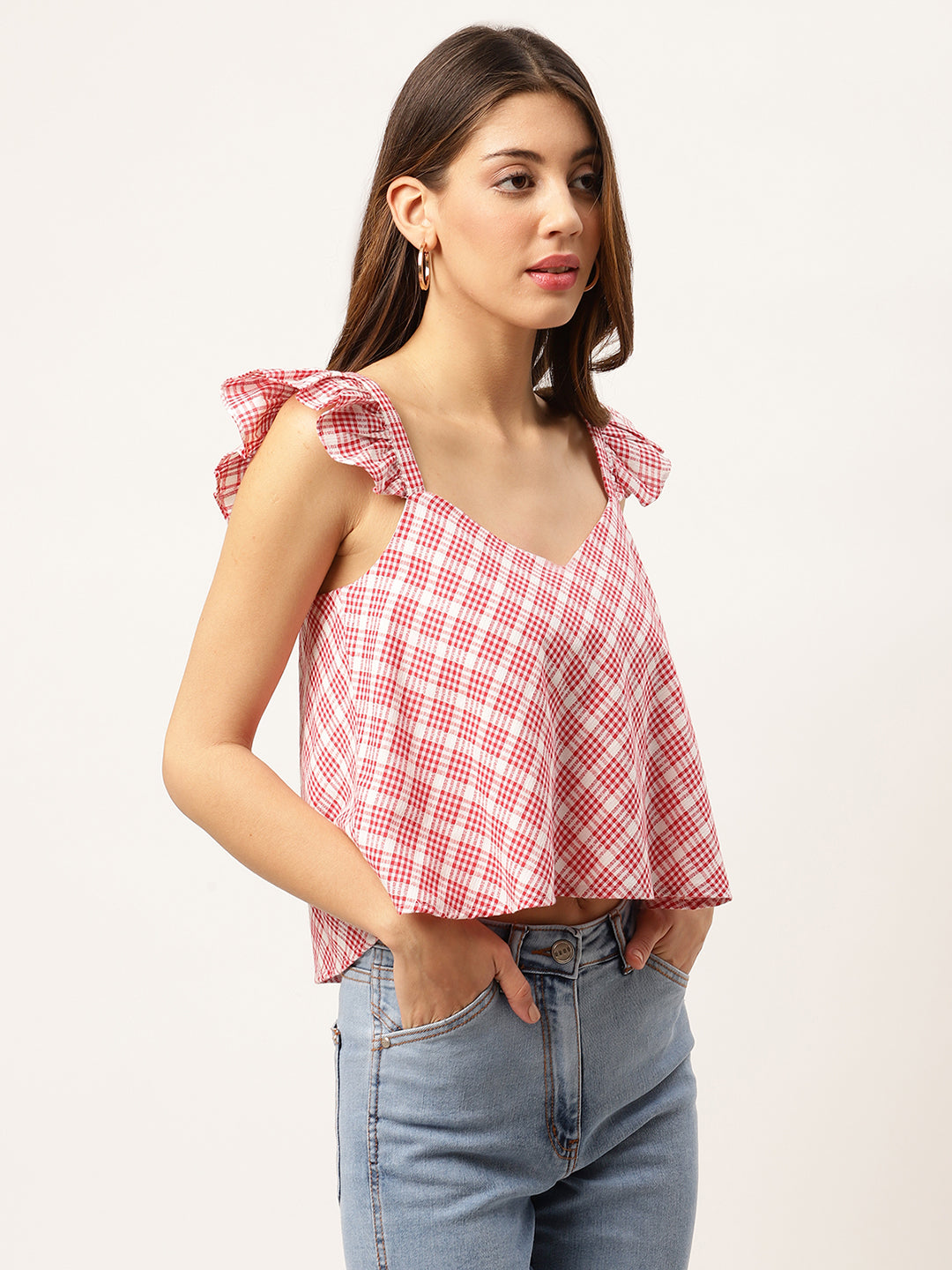 Elle Women Red Checked V Neck Top
