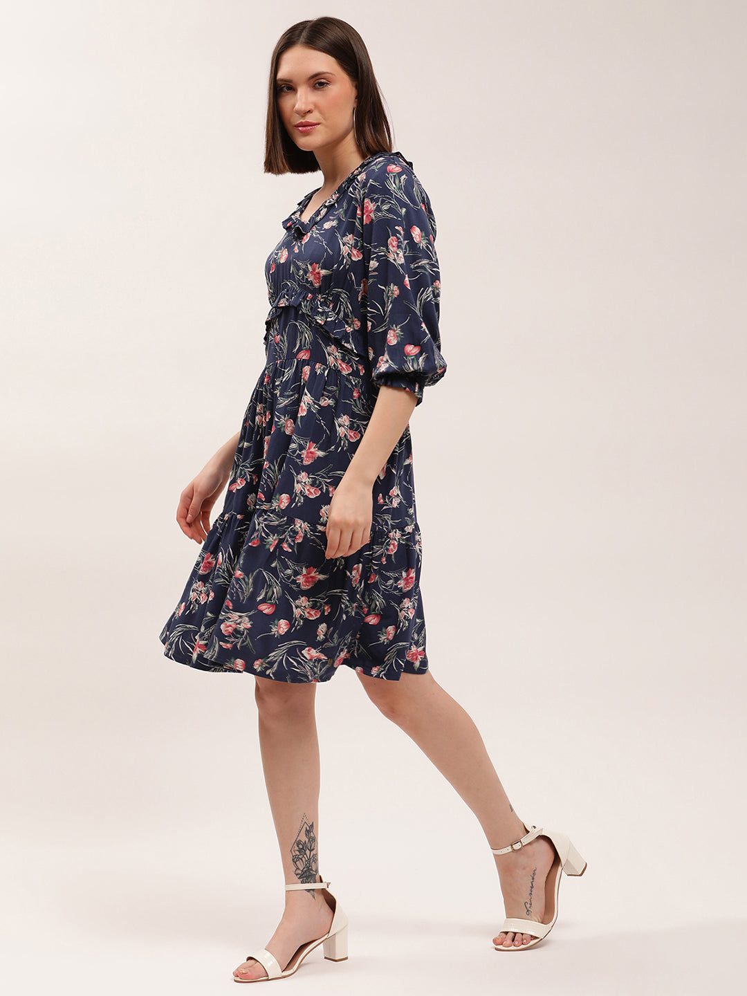 Elle Women Navy Blue Printed V Neck Dress