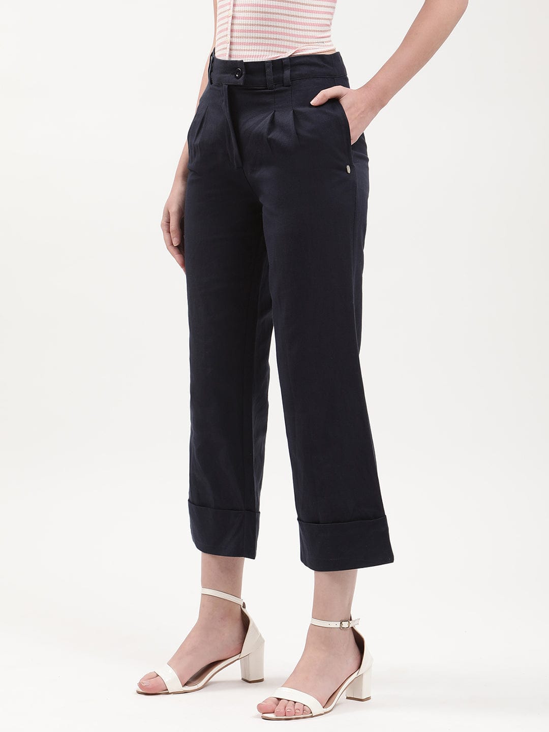 Elle Women Blue Semi Fitted Trouser