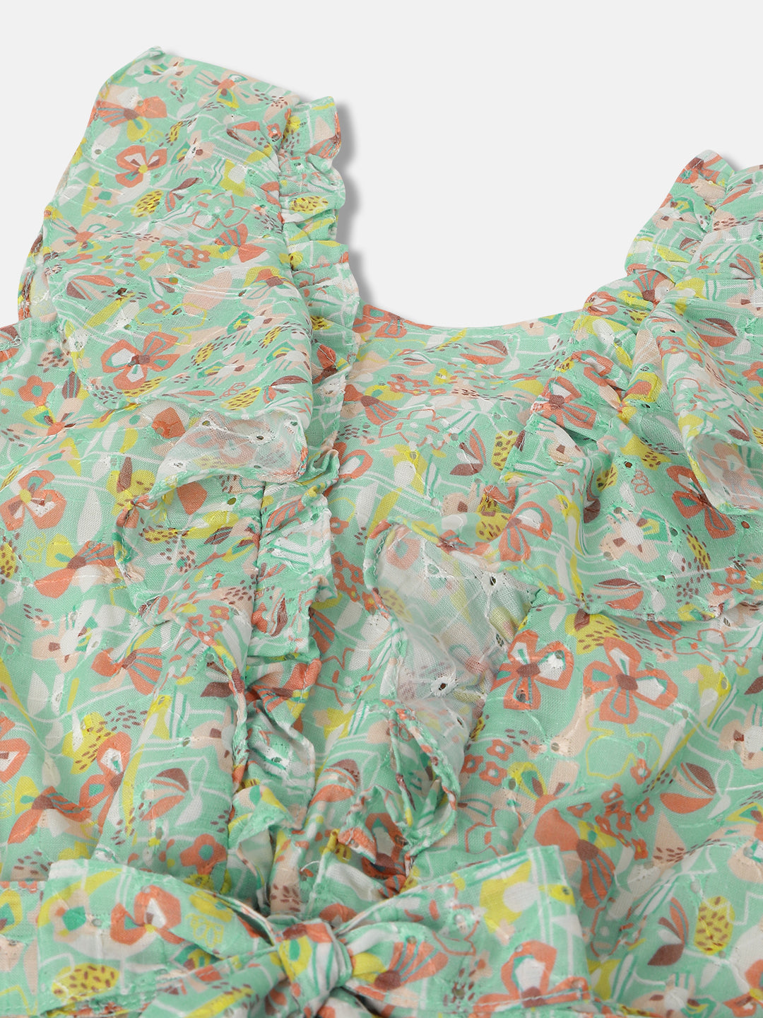 Elle Kids Girls Green Printed Round Neck Sleeveless Playsuit