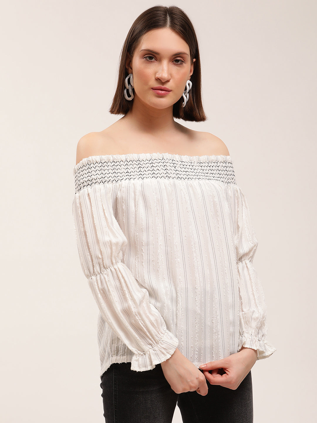 Elle Women White Striped Off Shoulder Top